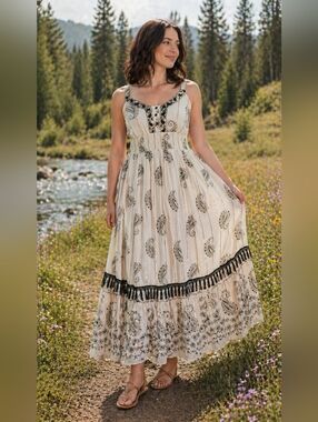 Me To Magic Straps Paisley Maxi Dress with Tassels, M